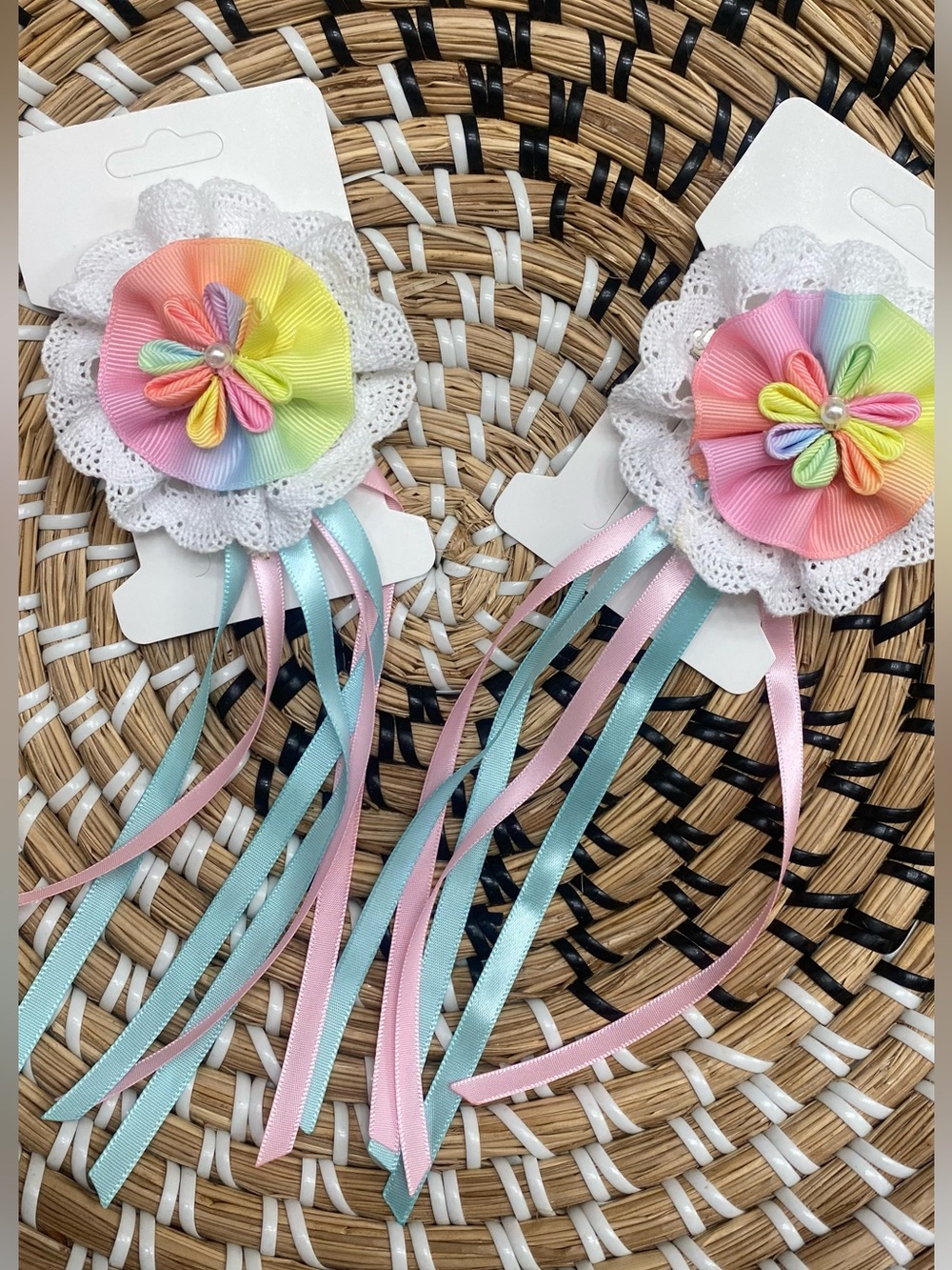 Kids Rainbow Ribbon Flower Hair Clips - Hand Crafted